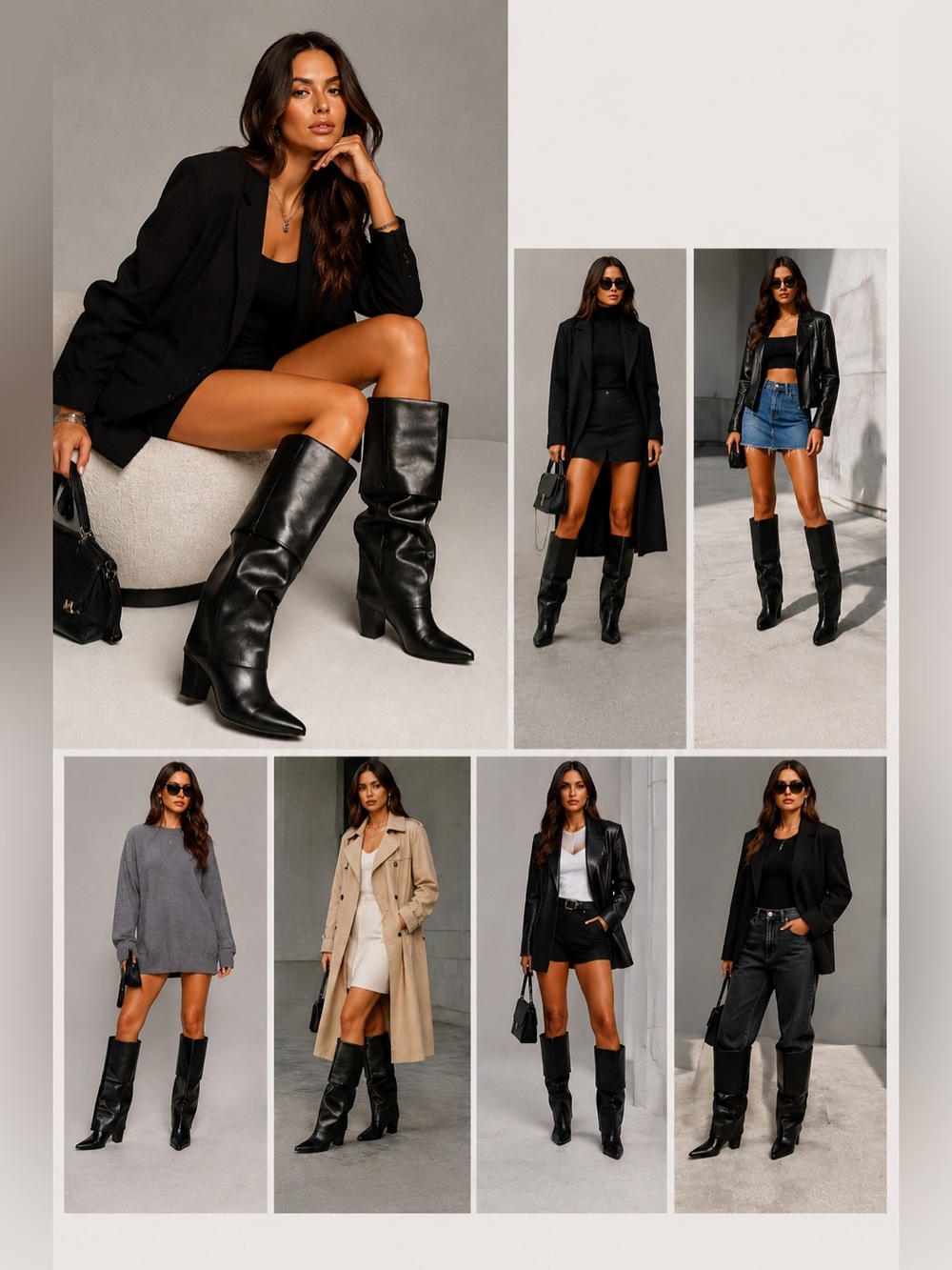 Foldover Black Knee High Boots Pointed Toe Chunky Heel Side‎ Zip EU 40 US 9/9.5